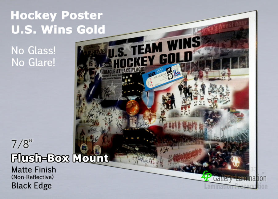 Miracle on Ice - Remember this! Poster that is a collage of memories from the Lake Placid Olympic event. Flush-Box Mount with black edge.